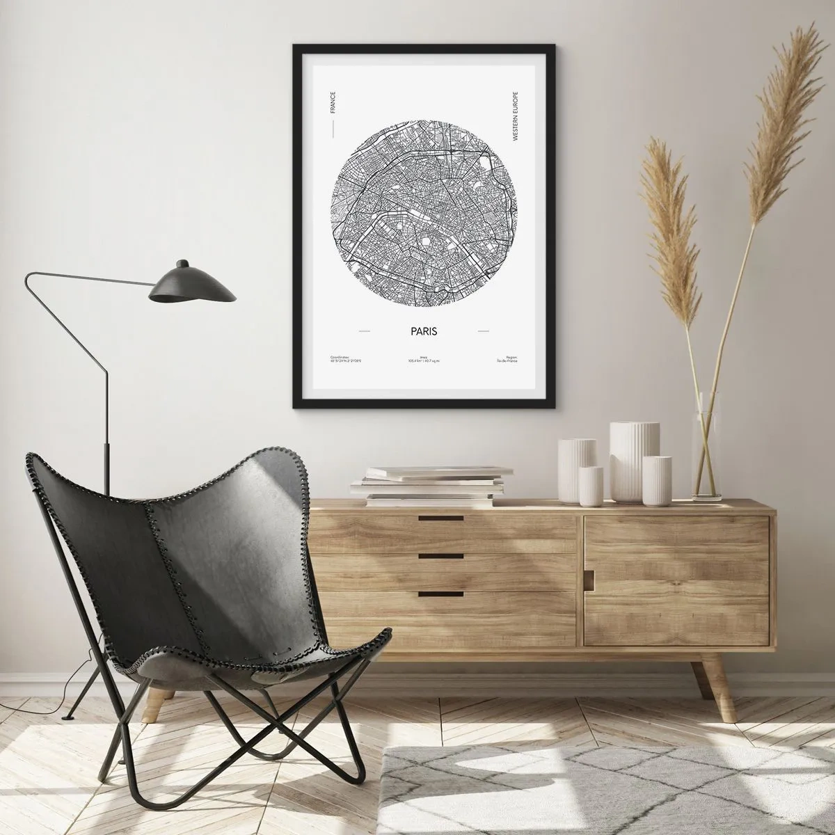 Poster in black frame - Minimalist map of Paris in a circle - 50x70cm - Anatomy of Paris - Modern wall decoration for the living room and bedroom ARTTOR