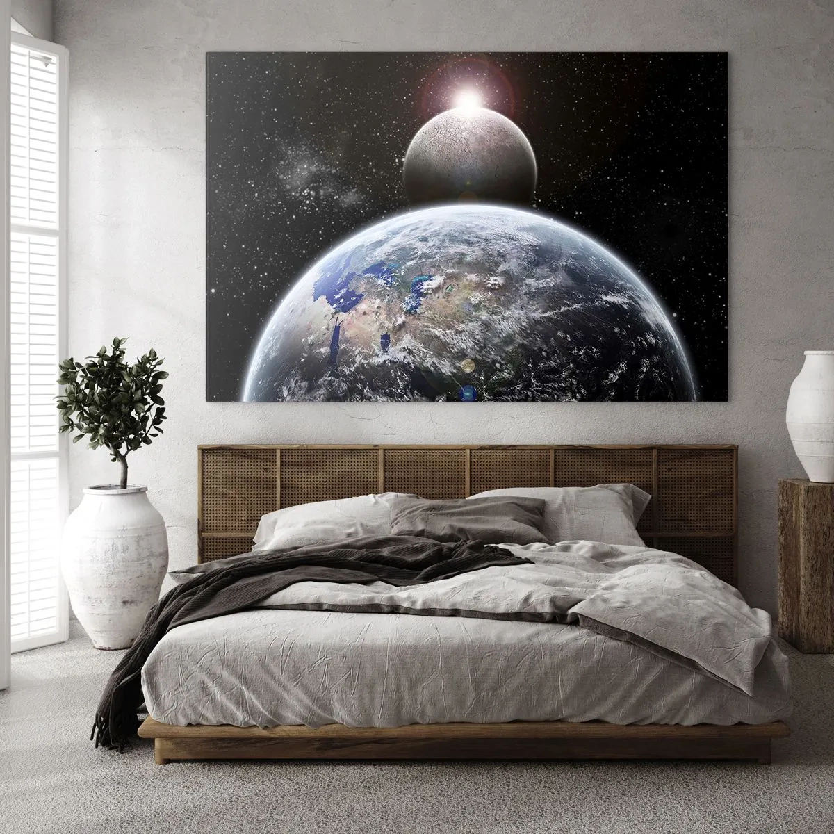 Glass picture - Earth and Moon in space - 70x50cm - Space Landscape - Sunrise - Modern wall decoration for the living room and bedroom ARTTOR