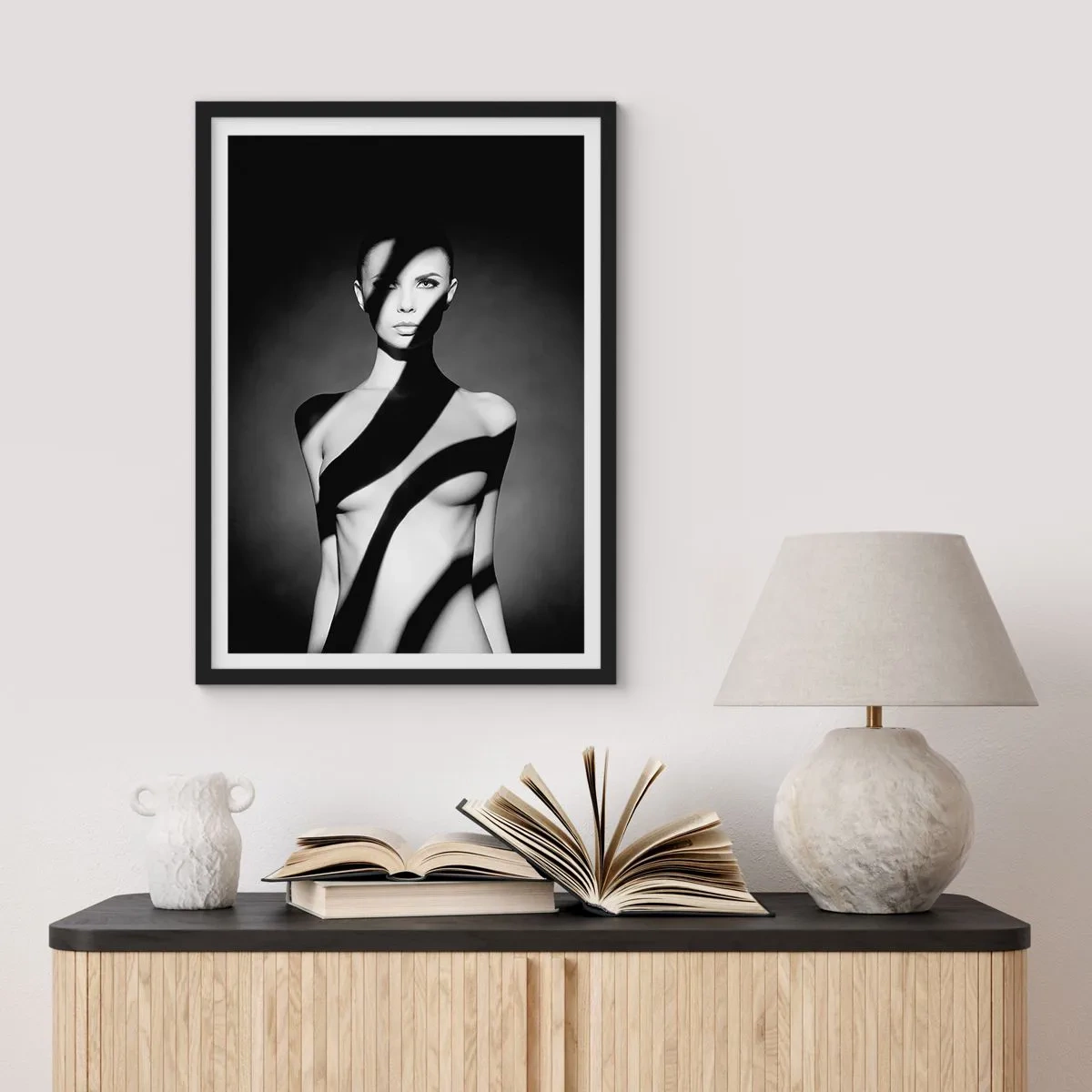 Poster in black frame - Woman in black and white graphic shadows - 50x70cm - In the Light and in the Shadow - Modern wall decoration for the living room and bedroom ARTTOR