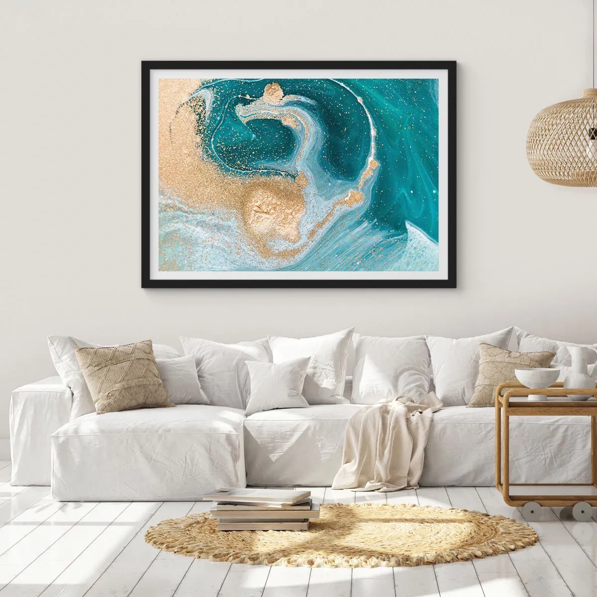Poster in black frame - Swirl of Gold and Turquiose - 91x61 cm