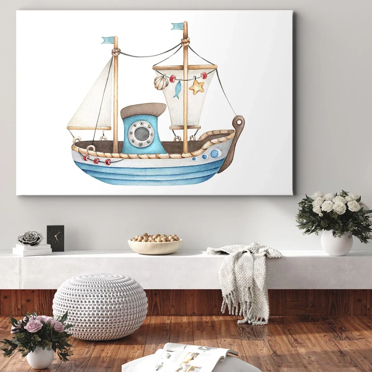 Canvas picture - Illustration of a ship in pastel colors on a white background - 70x50cm - Ahoy, Adventure! - Modern wall decoration for the living room and bedroom ARTTOR