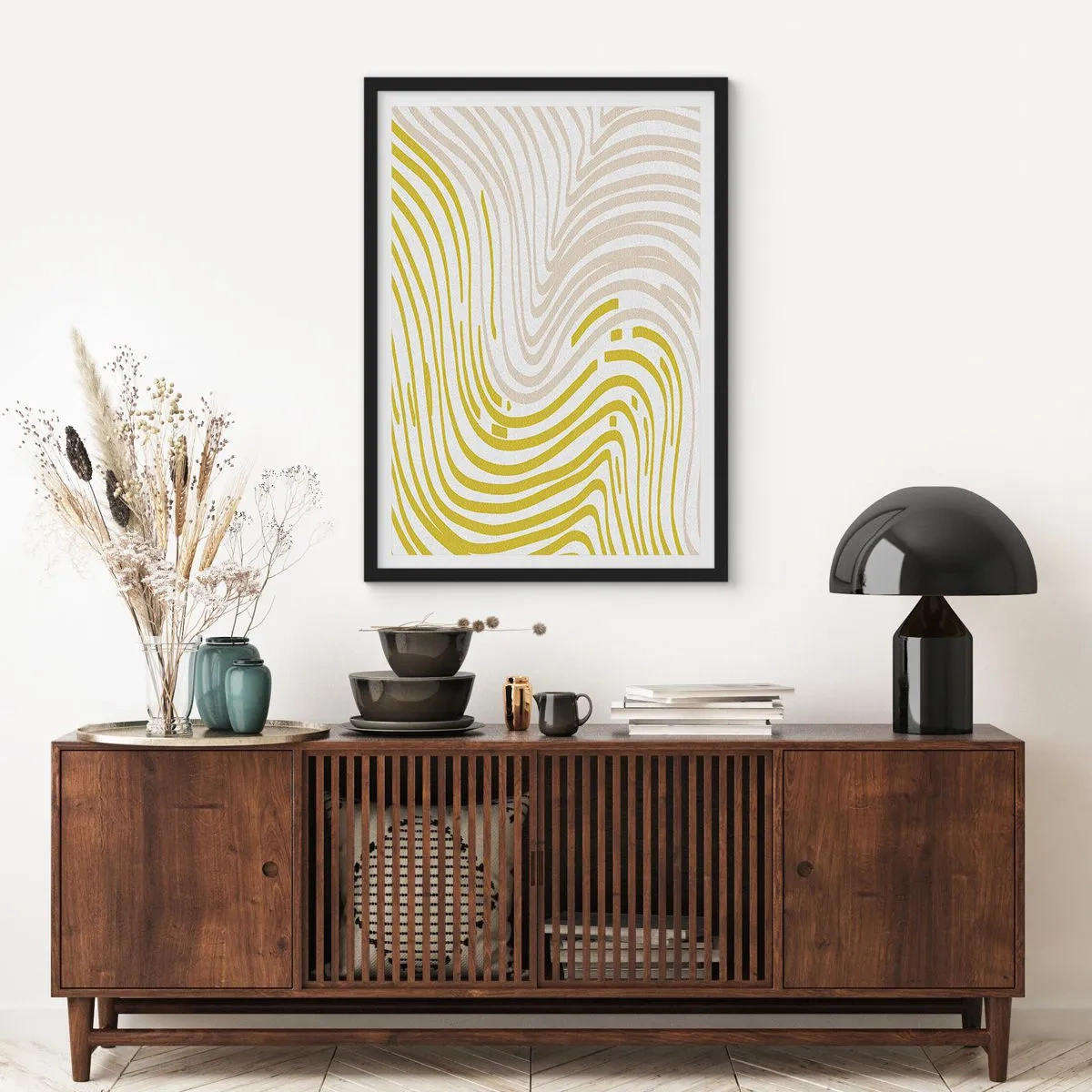 Poster in black frame - An abstract composition of wavy lines in shades of beige and yellow. - 50x70cm - Composition with a Gentle Curve - Modern wall decoration for the living room and bedroom ARTTOR