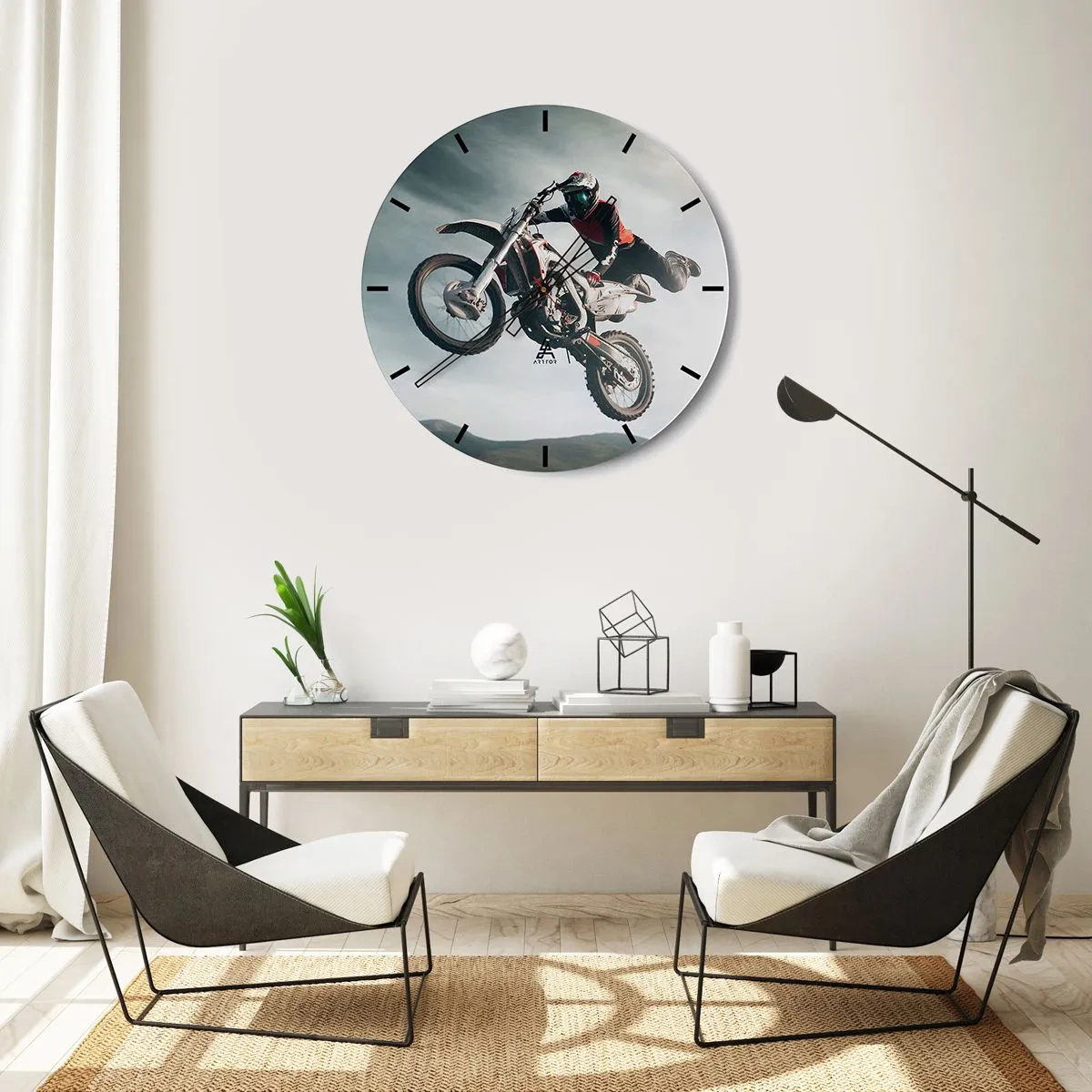Wall clock - Clock on glass - A motorcyclist flies through the air during a dynamic jump on his motorcycle. - 30x30cm - No Risk, No Fun - Modern wall decoration for the living room, kitchen, and bedroom ARTTOR