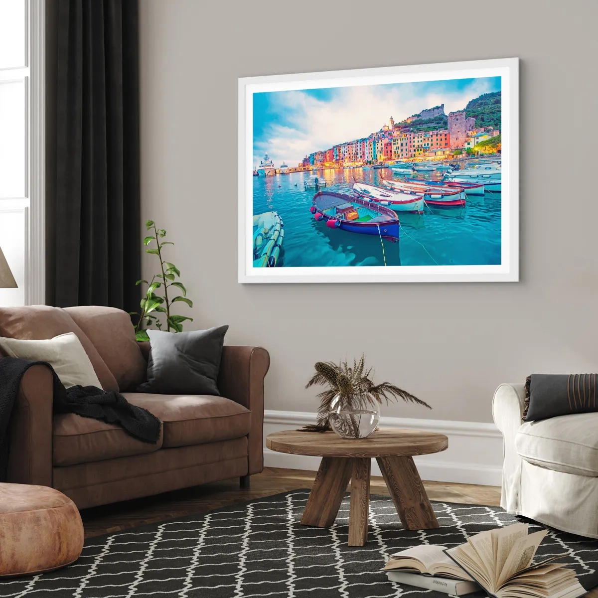 Poster in white frmae - Colourful Evening in a Port - 70x50 cm