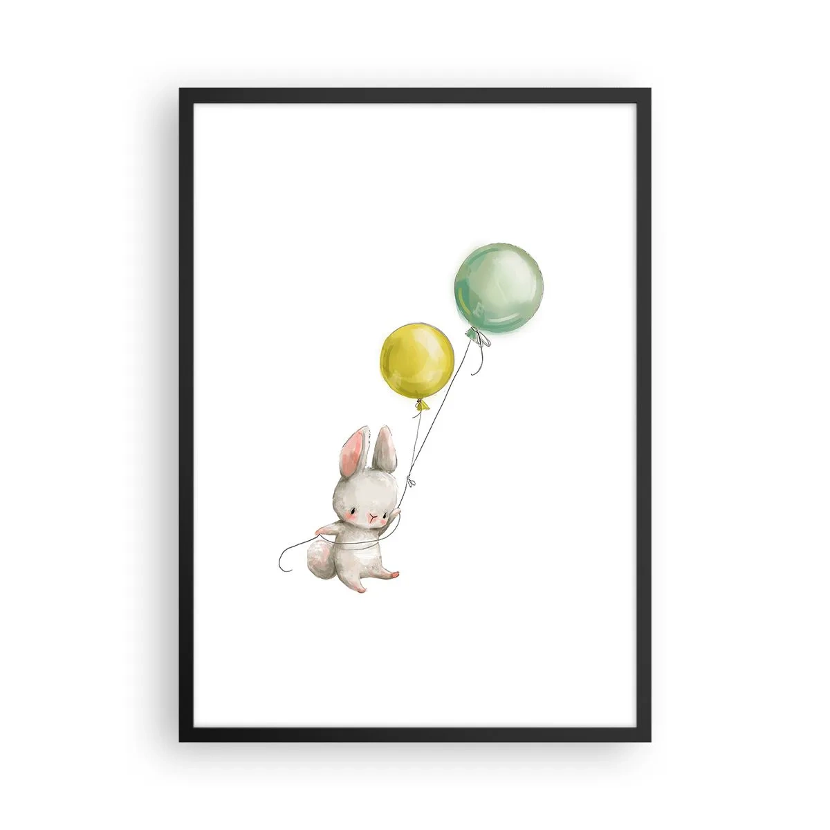 Poster in black frame - A rabbit holding two green and yellow balloons. - 50x70cm - I Will Fly Too! - Modern wall decoration for the living room and bedroom ARTTOR