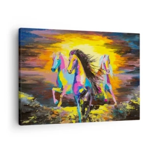 Canvas picture - Colorful horses galloping against the backdrop of the setting sun - 70x50cm - Submerged in a Rainbow - Modern wall decoration for the living room and bedroom ARTTOR