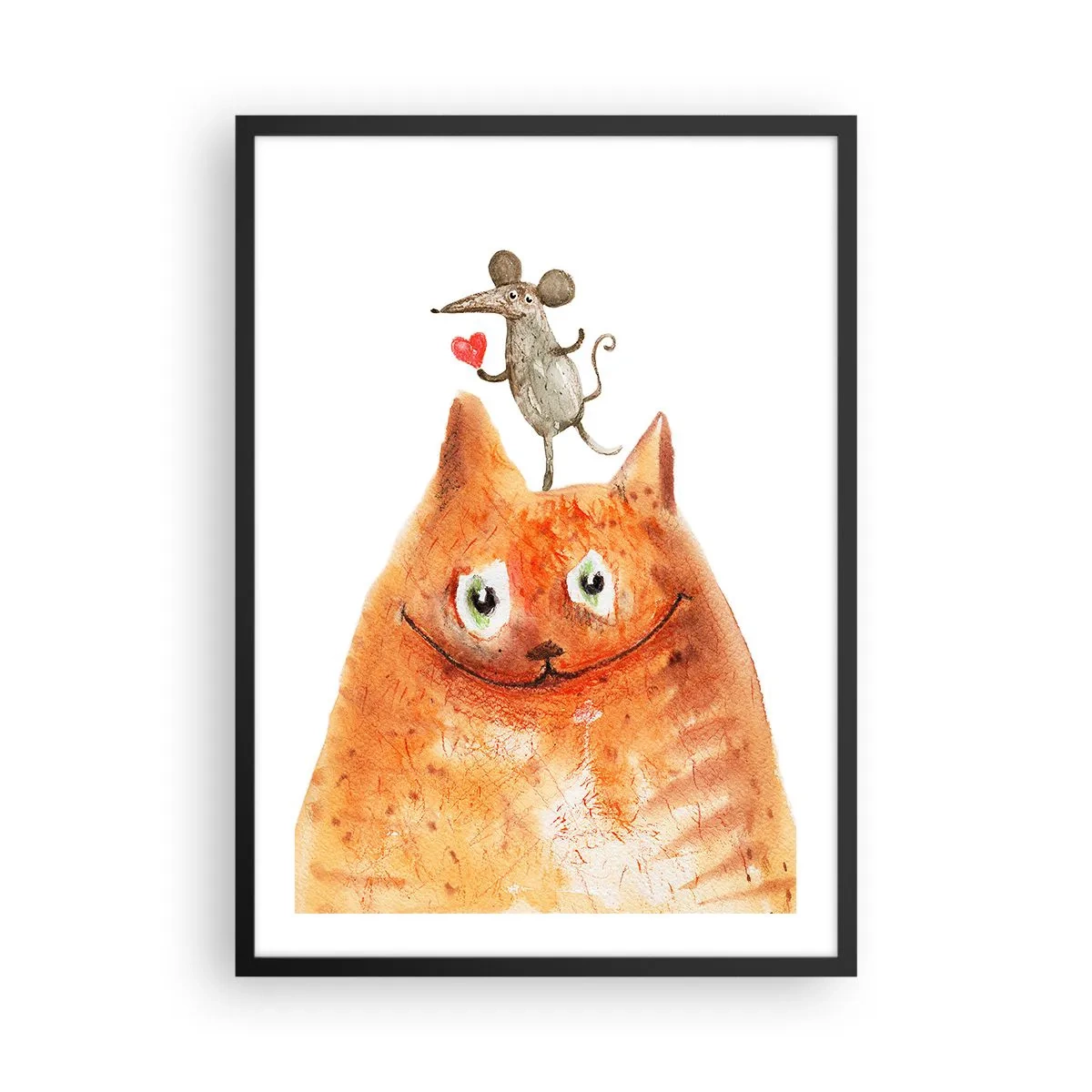 Poster in black frame - A cat with a mouse holding a heart on its head - 50x70cm - Love Paradoxes - Modern wall decoration for the living room and bedroom ARTTOR