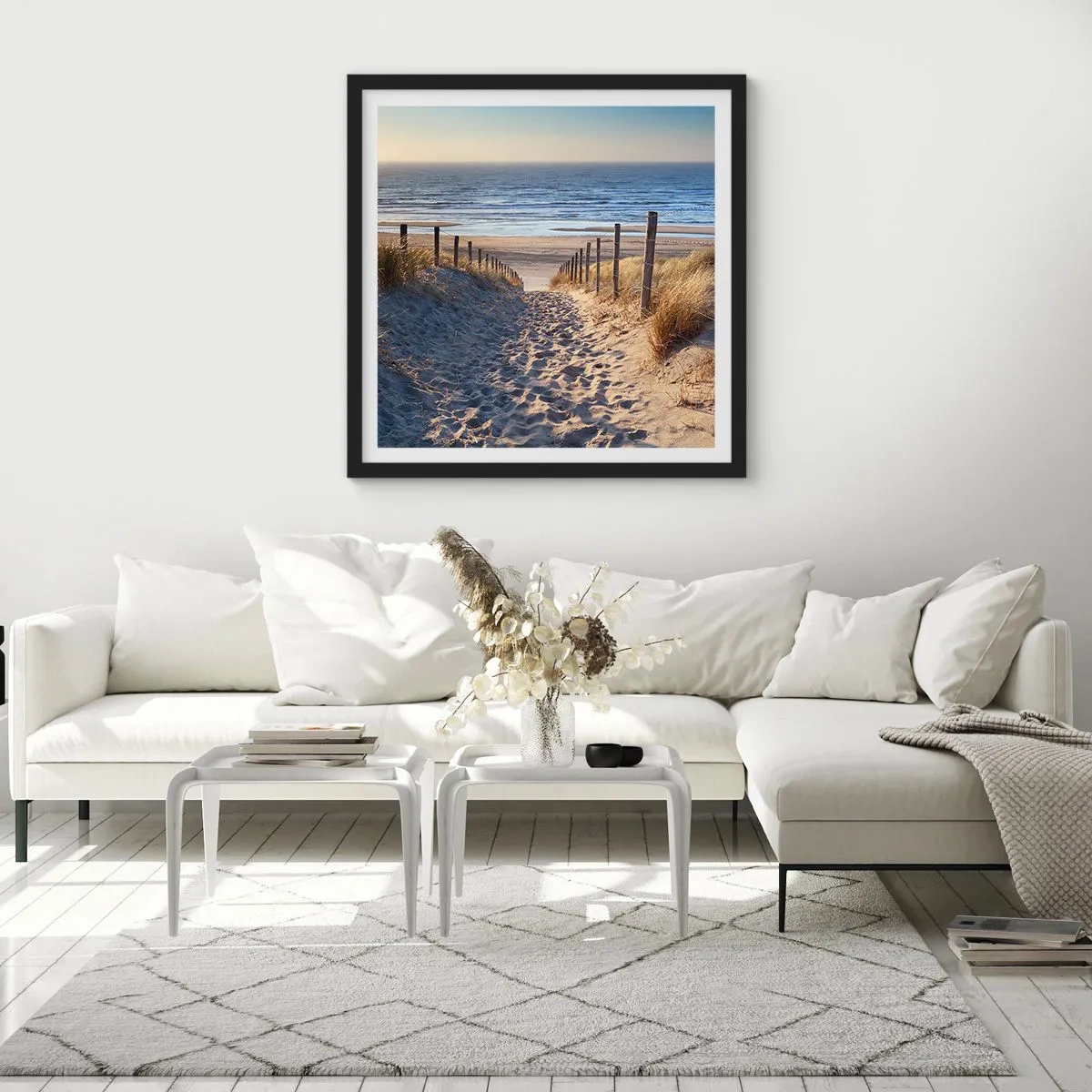 Poster in black frame - Sound of the Sea, Singing of the Birds, Wild Beach among Grass - 50x50 cm