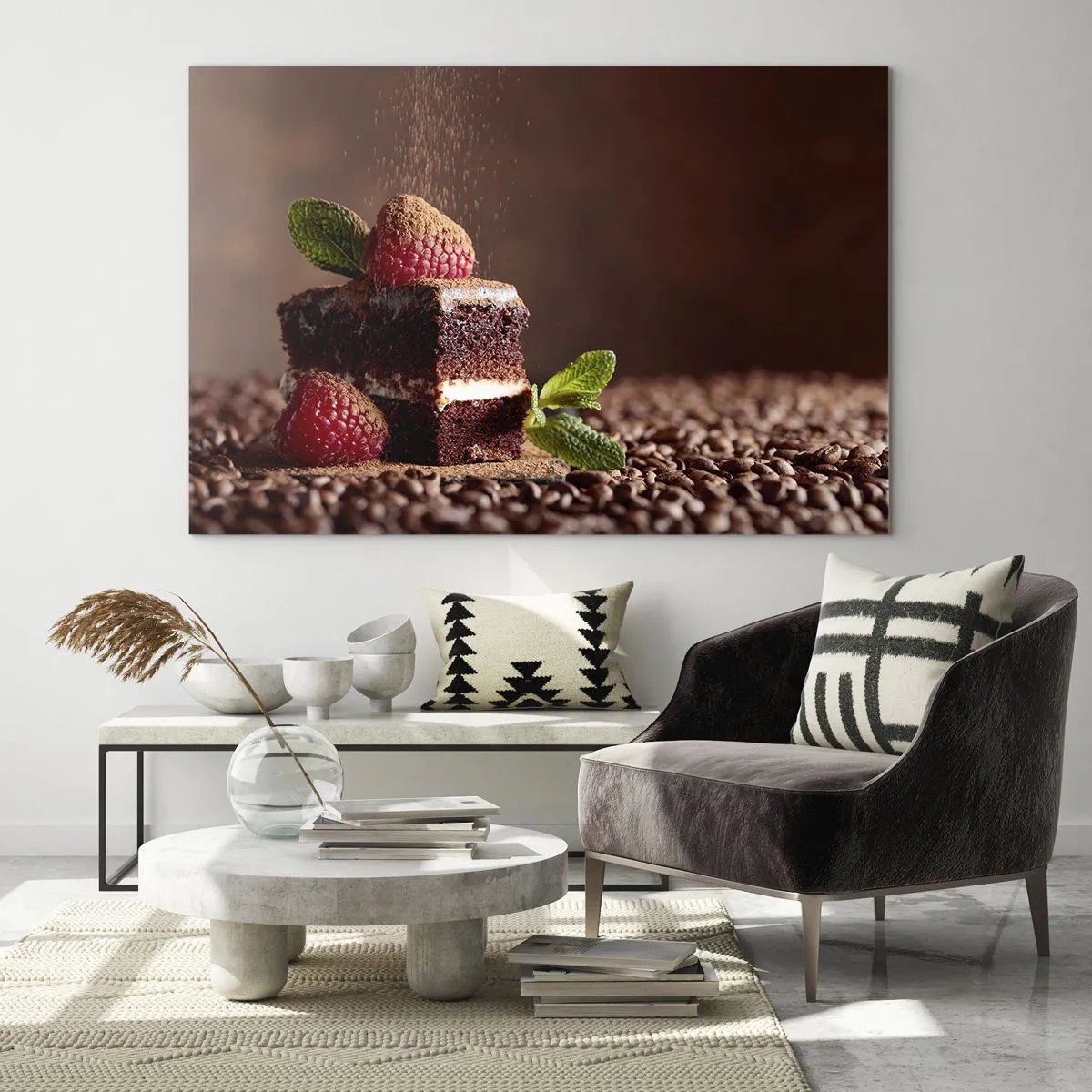 Glass picture - Chocolate dessert with raspberries and mint leaves - 70x50cm - Life Is Sweet - Modern wall decoration for the living room and bedroom ARTTOR