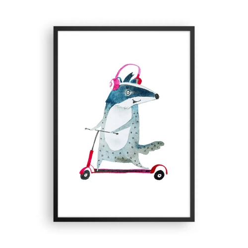Poster in black frame - Illustration of a badger on a scooter wearing pink headphones - 50x70cm - Joys of a Badger - Modern wall decoration for the living room and bedroom ARTTOR