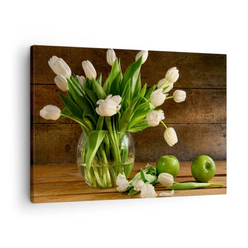 Canvas picture - A bouquet of white tulips in a glass vase with green apples - 70x50cm - Juicy and Fresh in Green and White - Modern wall decoration for the living room and bedroom ARTTOR