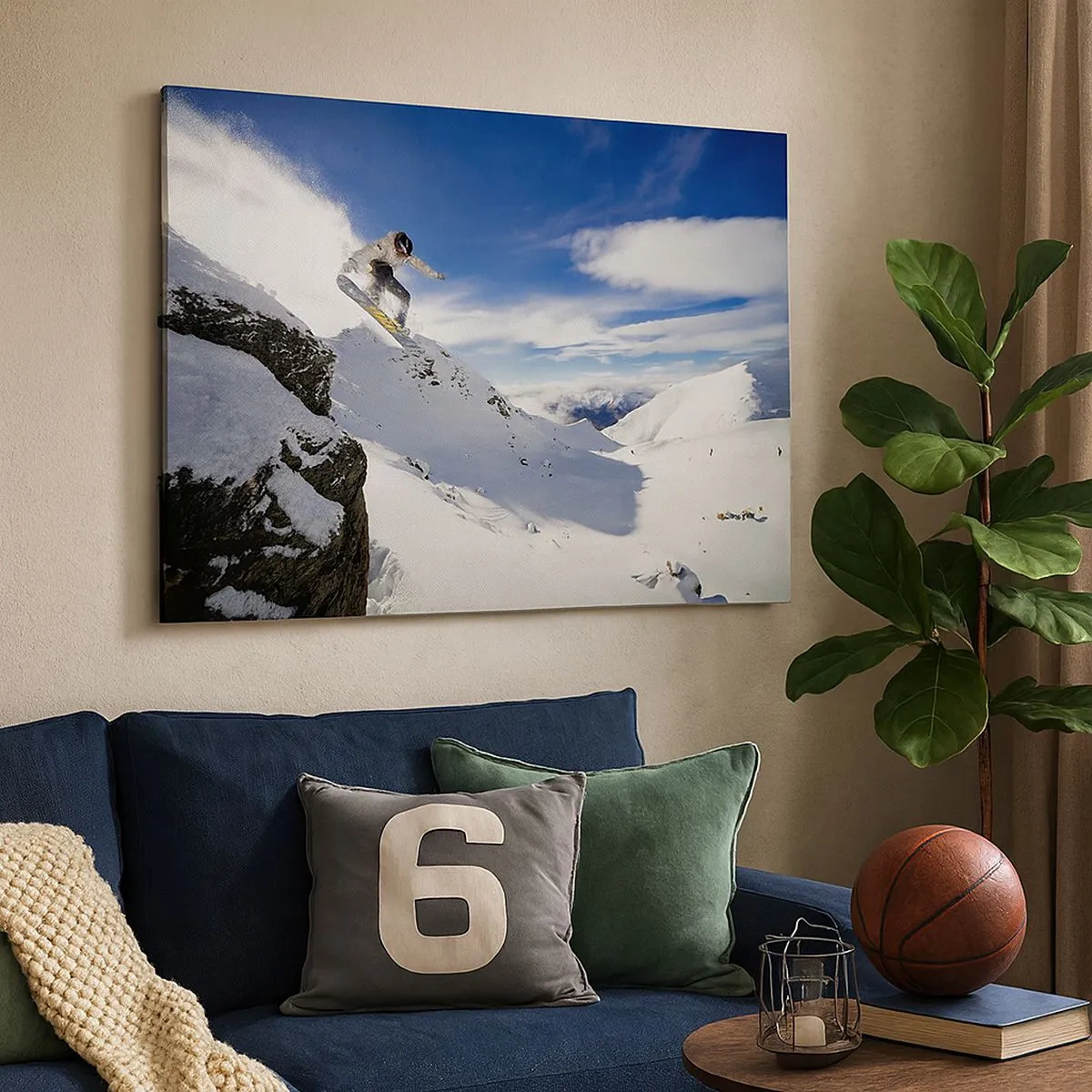 Canvas picture - A snowboarder jumps off a cliff with snow-capped mountains in the background. - 70x50cm - Freedom without Borders - Modern wall decoration for the living room and bedroom ARTTOR