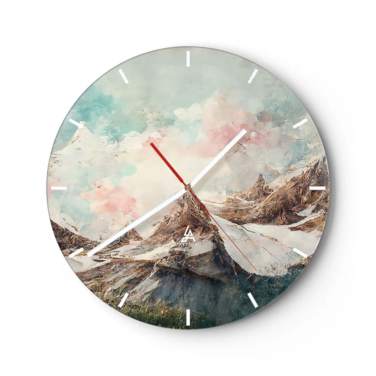 Wall clock - Clock on glass - Painterly mountain peaks in a pastel cloudy sky - 30x30cm - Rocky Blades - Modern wall decoration for the living room, kitchen, and bedroom ARTTOR