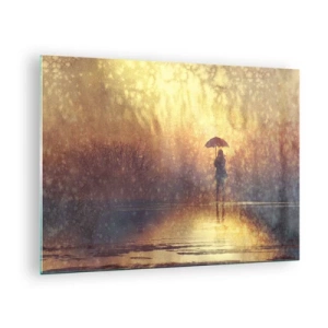 Glass picture - A figure with an umbrella in the light of the setting sun and rain - 70x50cm - I Think Someone Is Watching Me - Modern wall decoration for the living room and bedroom ARTTOR