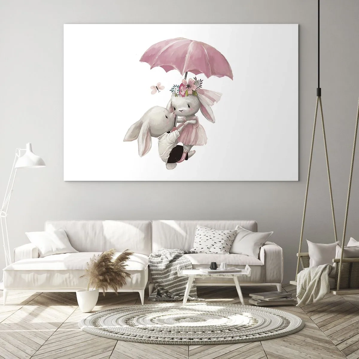Glass picture - Two rabbits under a pink umbrella in a romantic scene - 70x50cm - This Is Love - Modern wall decoration for the living room and bedroom ARTTOR