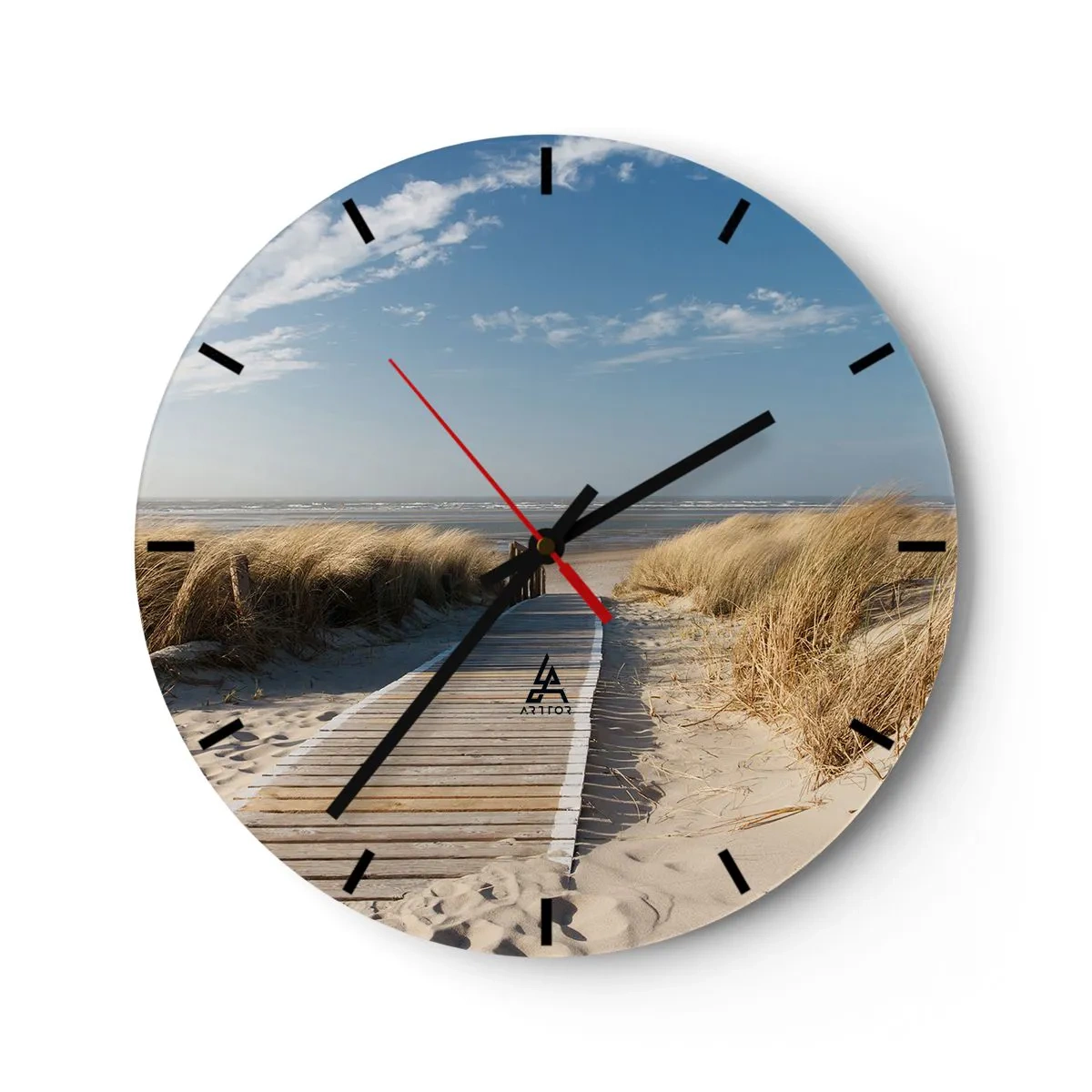 Wall clock - Clock on glass - Wooden path on the beach with a view of the sea - 30x30cm - Behind a Dune, in the Hum of Trees - Modern wall decoration for the living room, kitchen, and bedroom ARTTOR