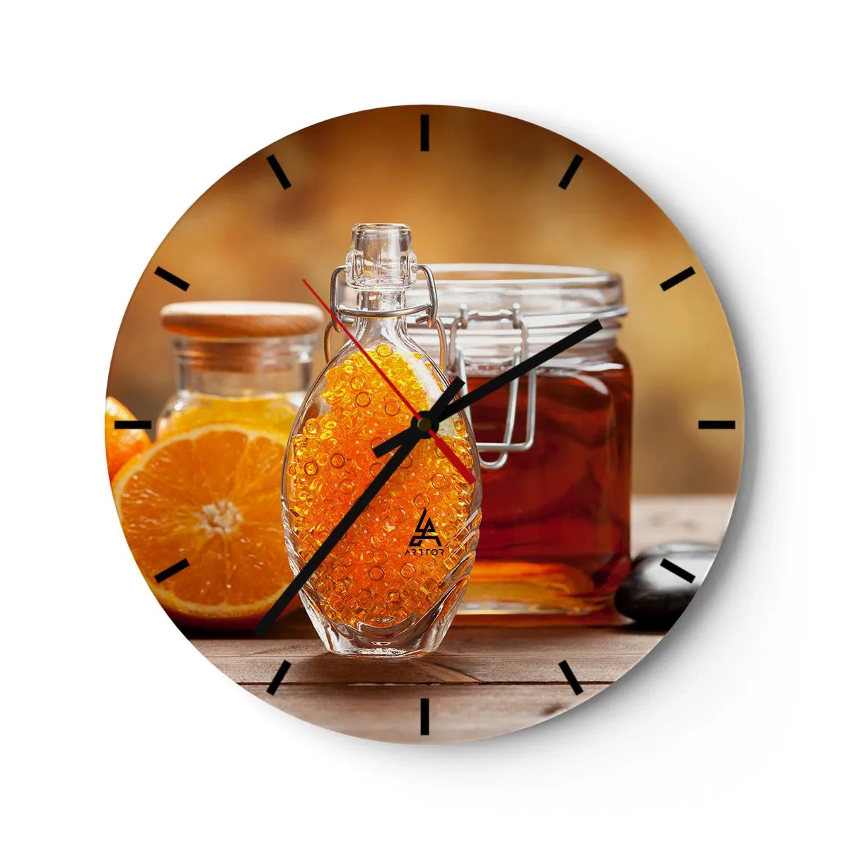 Wall clock - Clock on glass - A bottle of honey with oranges in the background on a wooden table - 30x30cm - Sunny Flavours and Aromas - Modern wall decoration for the living room, kitchen, and bedroom ARTTOR