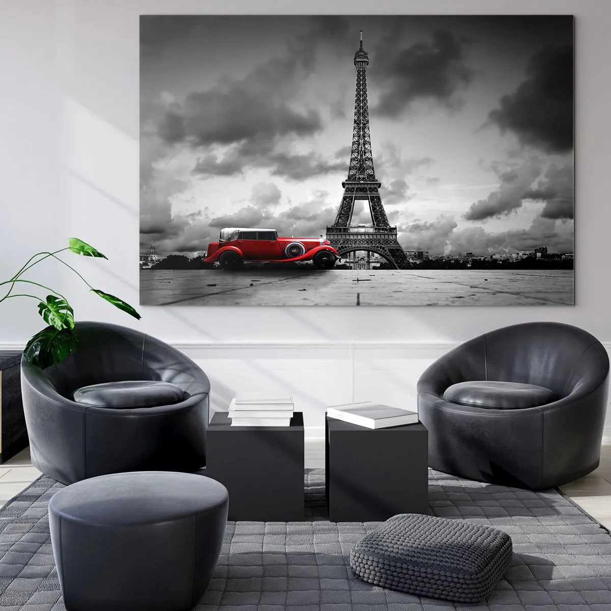 Glass picture - A red retro car with the Eiffel Tower in the background in a black and white setting. - 70x50cm - Not So Long Ago in Paris - Modern wall decoration for the living room and bedroom ARTTOR