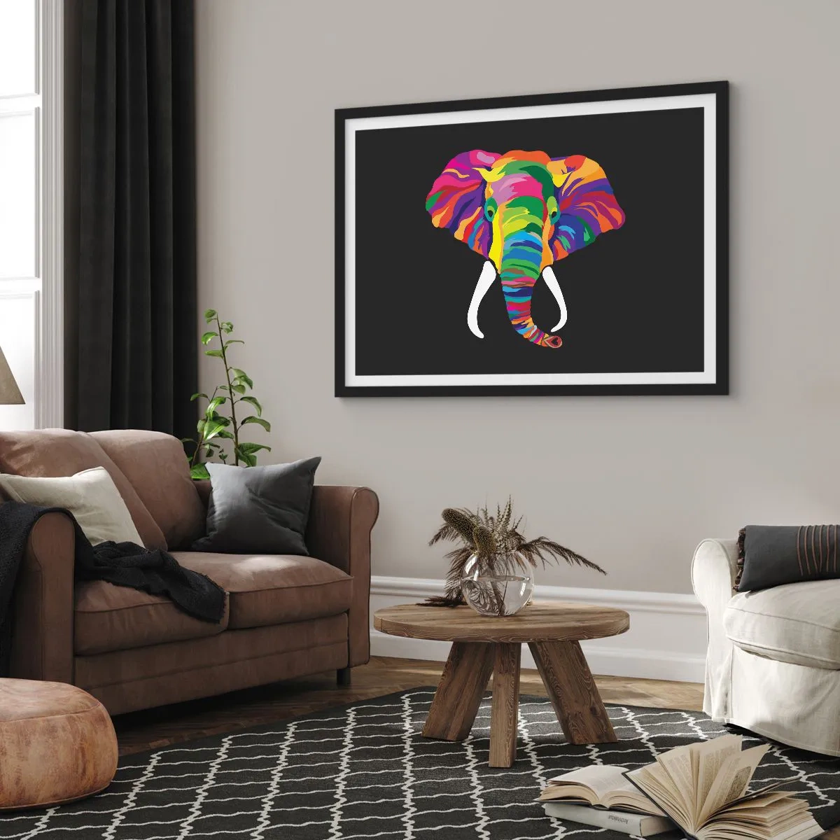 Poster in black frame - Elephant That Enjoyed Rainbow Bath - 50x40 cm