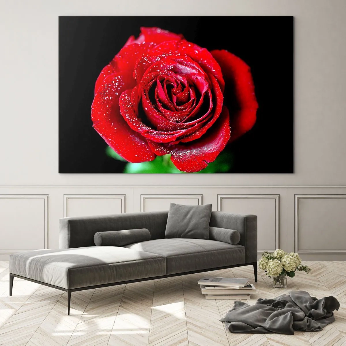 Glass picture - A red rose covered with dew drops on a dark background - 70x50cm - This Is Love - Modern wall decoration for the living room and bedroom ARTTOR