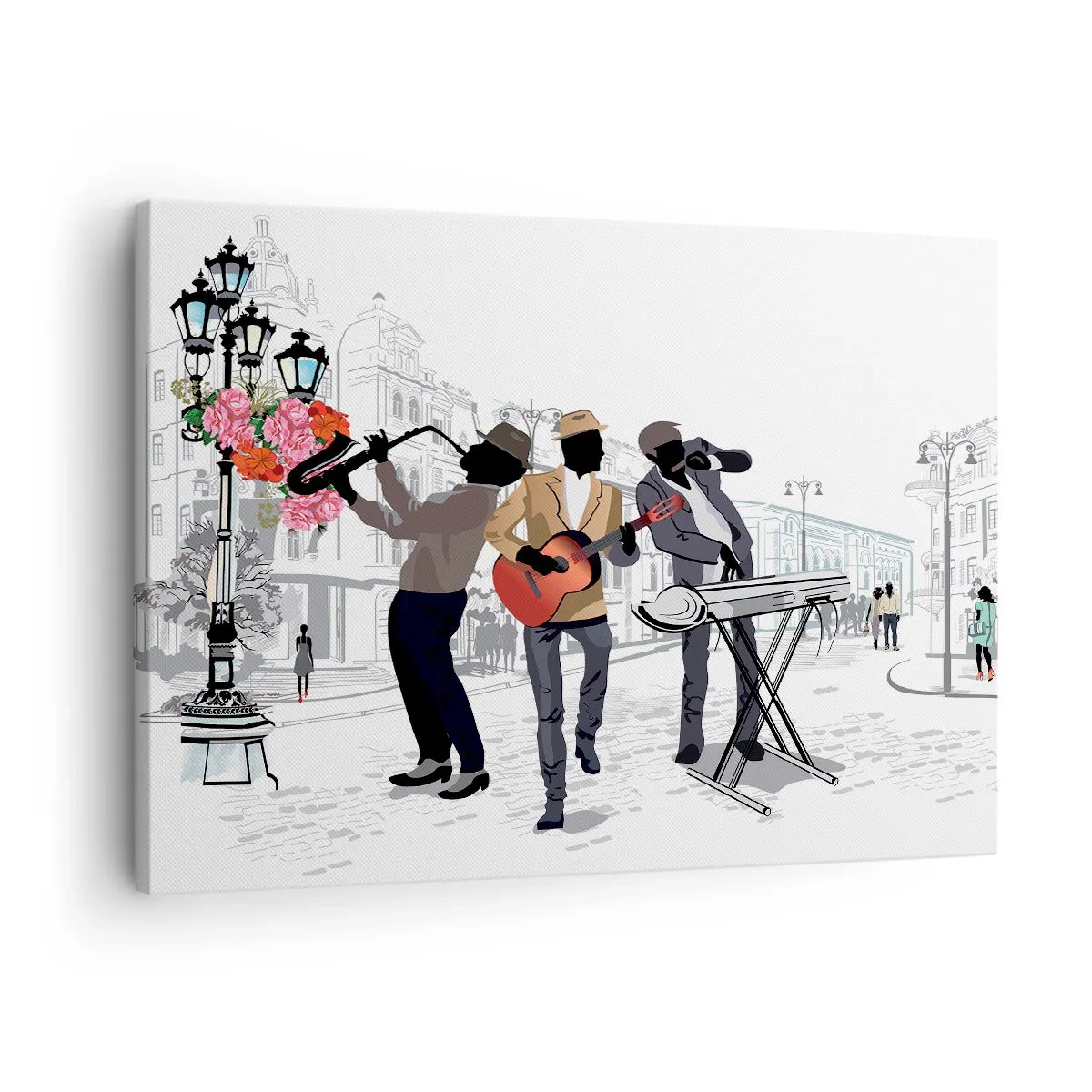 Canvas picture - Street musicians playing against the backdrop of an urban landscape - 70x50cm - Street Music - Modern wall decoration for the living room and bedroom ARTTOR