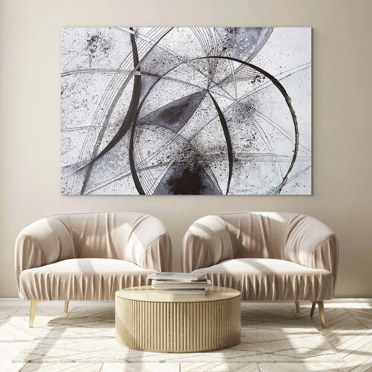 Glass picture - A black and white composition of intersecting lines and geometric arcs. - 70x50cm - Futuristic Fantasy - Modern wall decoration for the living room and bedroom ARTTOR