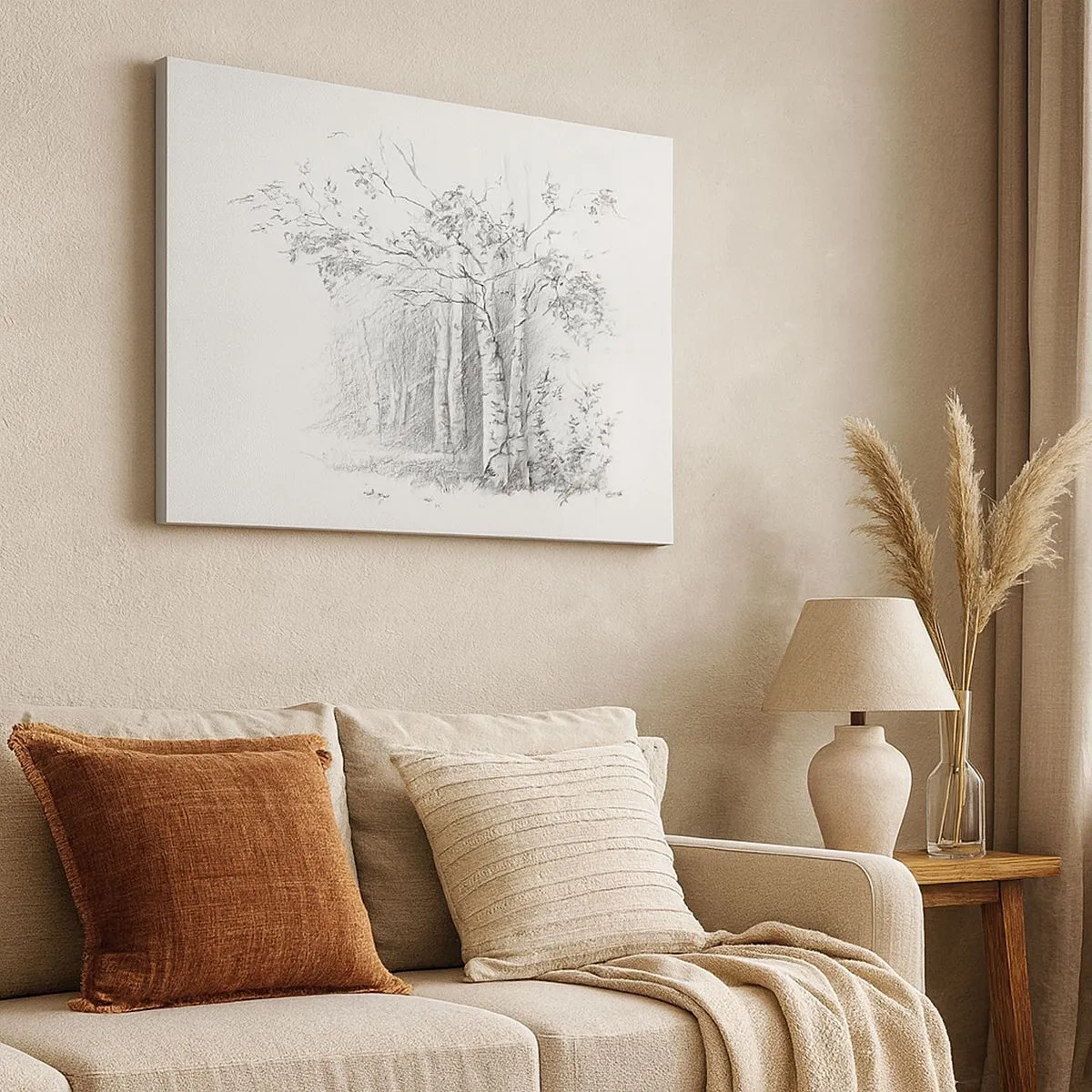 Canvas picture - A drawing of a birch forest in a subtle pencil sketch - 70x50cm - Holiday of Birch Forest - Modern wall decoration for the living room and bedroom ARTTOR