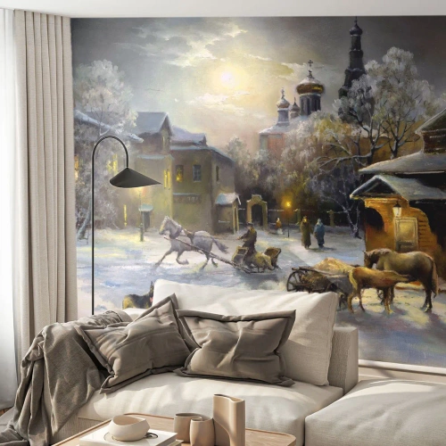 Custom Self-Adhesive Wallpaper Deluxe Sticker - Magic of Russian Winter - Landscape, Village, Winter in the Countryside