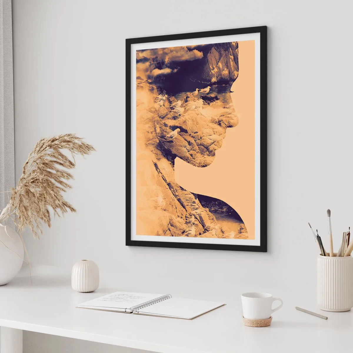 Poster in black frame - Portrait with a landscape in the double exposure style - 50x70cm - Naturally Beautiful - Modern wall decoration for the living room and bedroom ARTTOR