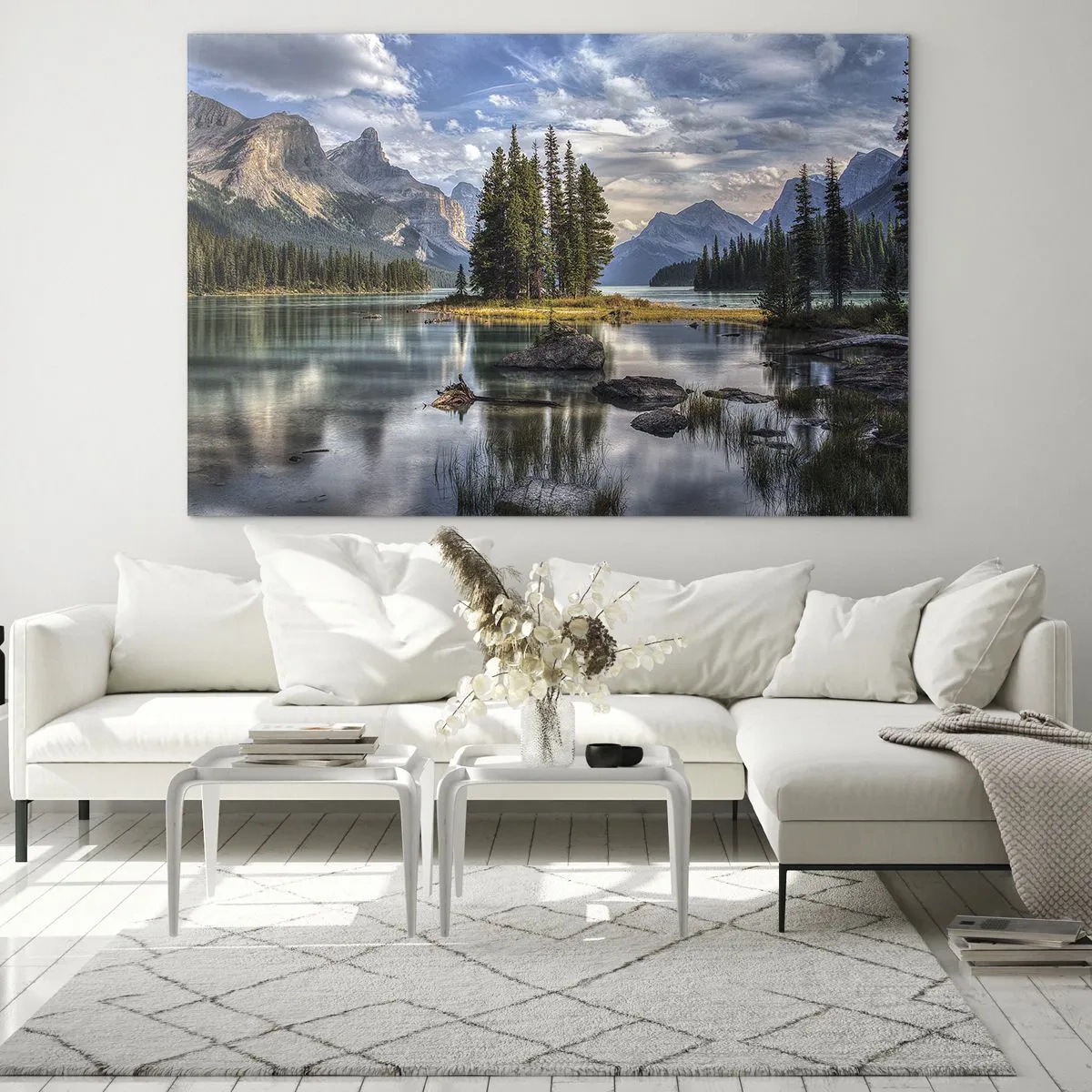 Glass picture - A picturesque lake with an island and mountains in the background - 70x50cm - By Big and Clear Waters - Modern wall decoration for the living room and bedroom ARTTOR