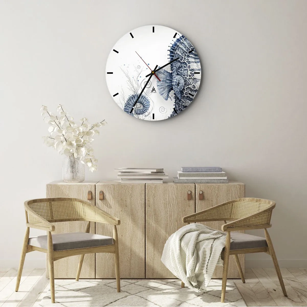Wall clock - Clock on glass - Decorative seahorse in a cartoon style on a light background - 30x30cm - Subtle Joke of Nature - Modern wall decoration for the living room, kitchen, and bedroom ARTTOR