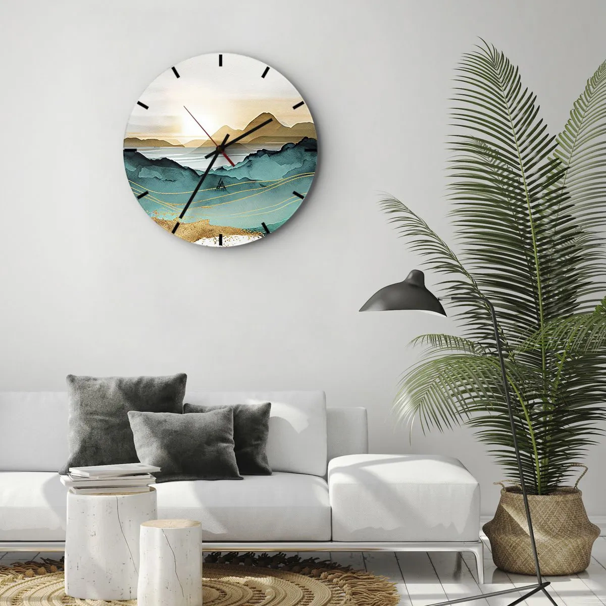 Wall clock - Clock on glass - Sunset over an abstract mountain landscape - 30x30cm - On the Verge of Abstract - Landscape - Modern wall decoration for the living room, kitchen, and bedroom ARTTOR
