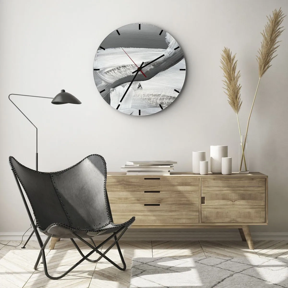 Wall clock - Clock on glass - Black and white abstract brush strokes - 30x30cm - With a Decisive Move - Modern wall decoration for the living room, kitchen, and bedroom ARTTOR