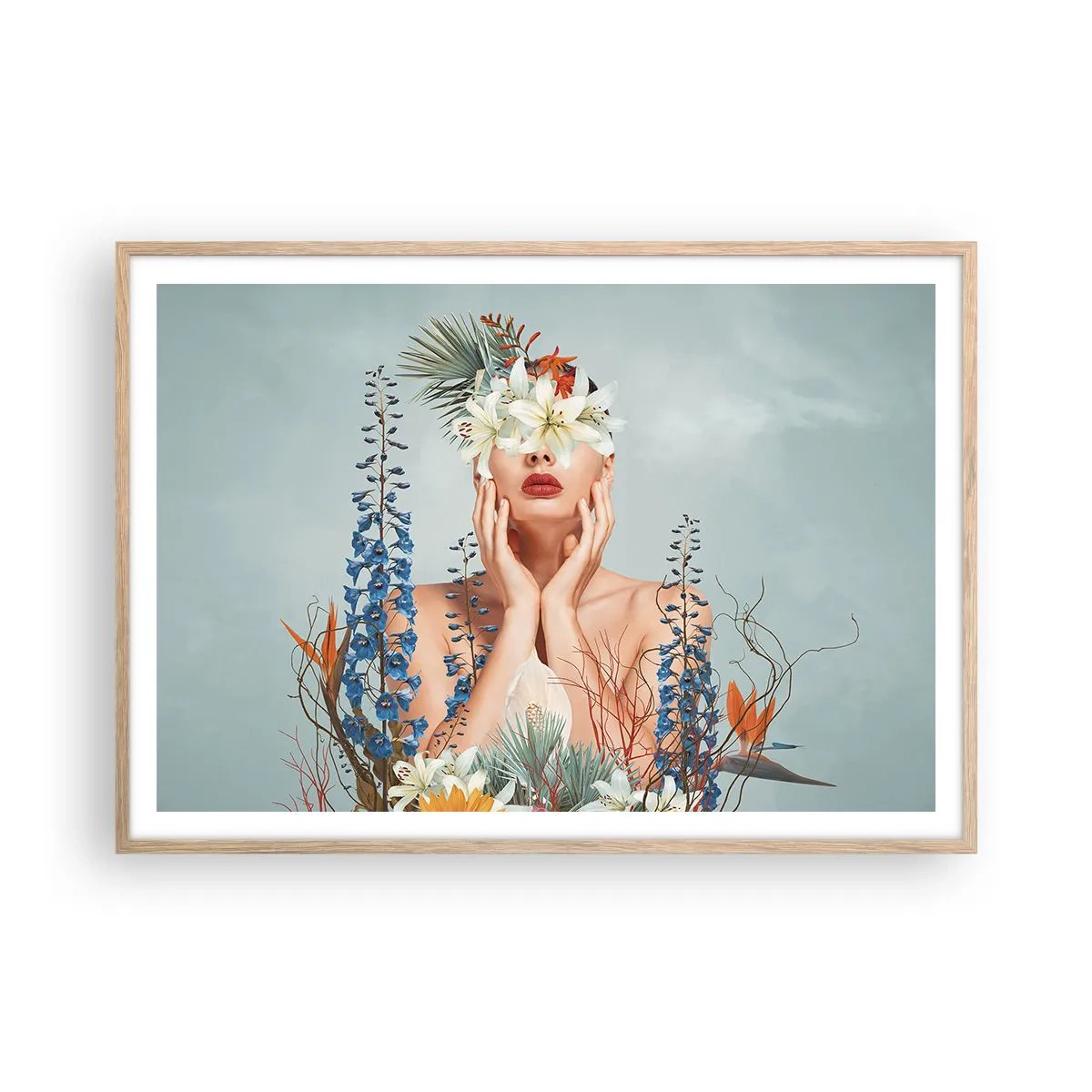 Poster in light oak frame - Woman – Flower - 100x70 cm