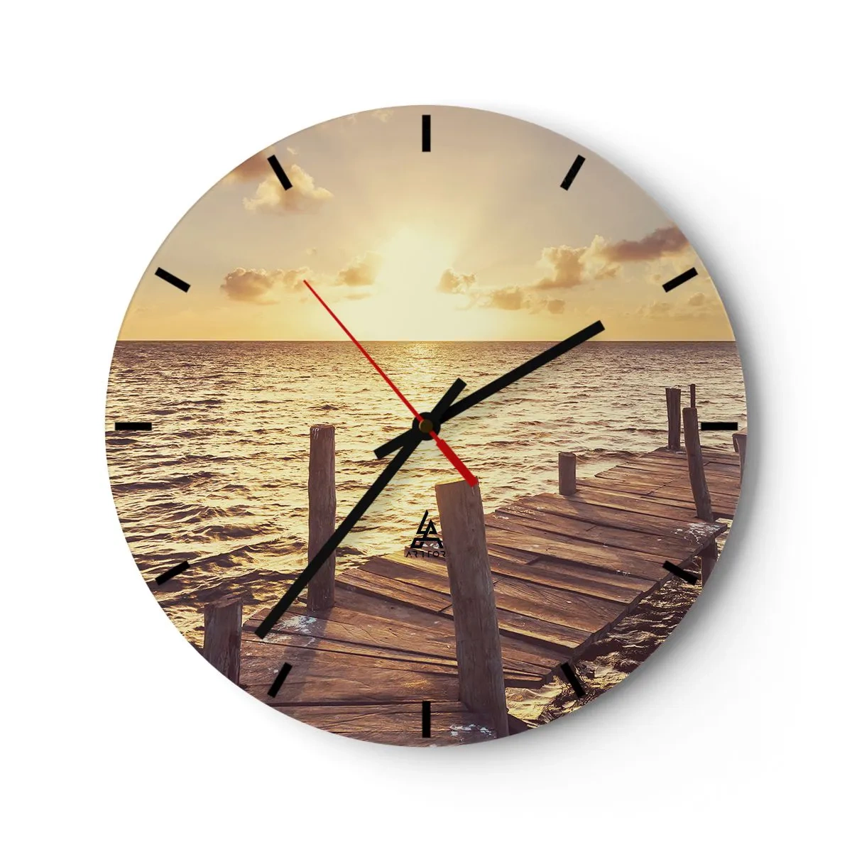 Wall clock - Clock on glass - Wooden jetty at sunset - 30x30cm - Golden Land of Tranquility - Modern wall decoration for the living room, kitchen, and bedroom ARTTOR