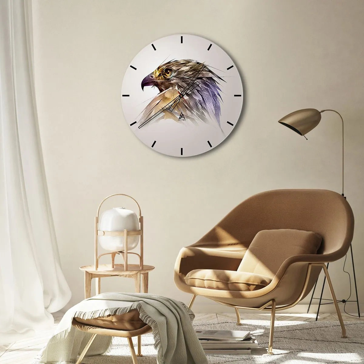 Wall clock - Clock on glass - Stylized portrait of an eagle with expressive details - 30x30cm - Portrait of a Warrior - Modern wall decoration for the living room, kitchen, and bedroom ARTTOR
