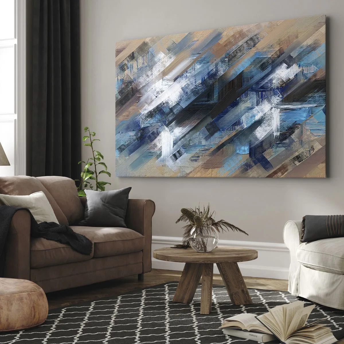 Canvas picture - Abstract composition with blue diagonal lines - 70x50cm - On the Blue Slant - Modern wall decoration for the living room and bedroom ARTTOR