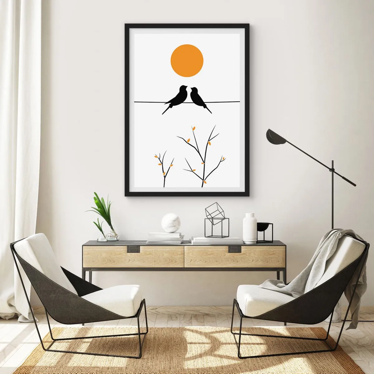 Poster in black frame - Two birds on a branch with an orange sun in the background - 50x70cm - Nightingale Evening - Modern wall decoration for the living room and bedroom ARTTOR
