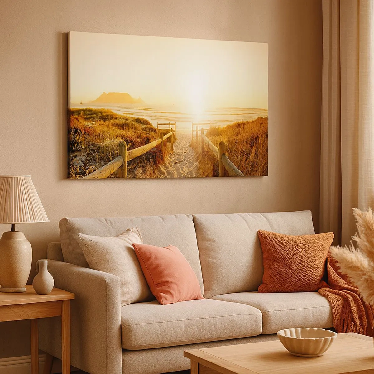 Canvas picture - Path to the beach during a golden sunset - 70x50cm - Through the Dune, Towards the Sun - Modern wall decoration for the living room and bedroom ARTTOR