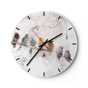 Wall clock - Clock on glass - Watercolor of birds sitting on a branch - 30x30cm - Winged Encounter - Modern wall decoration for the living room, kitchen, and bedroom ARTTOR
