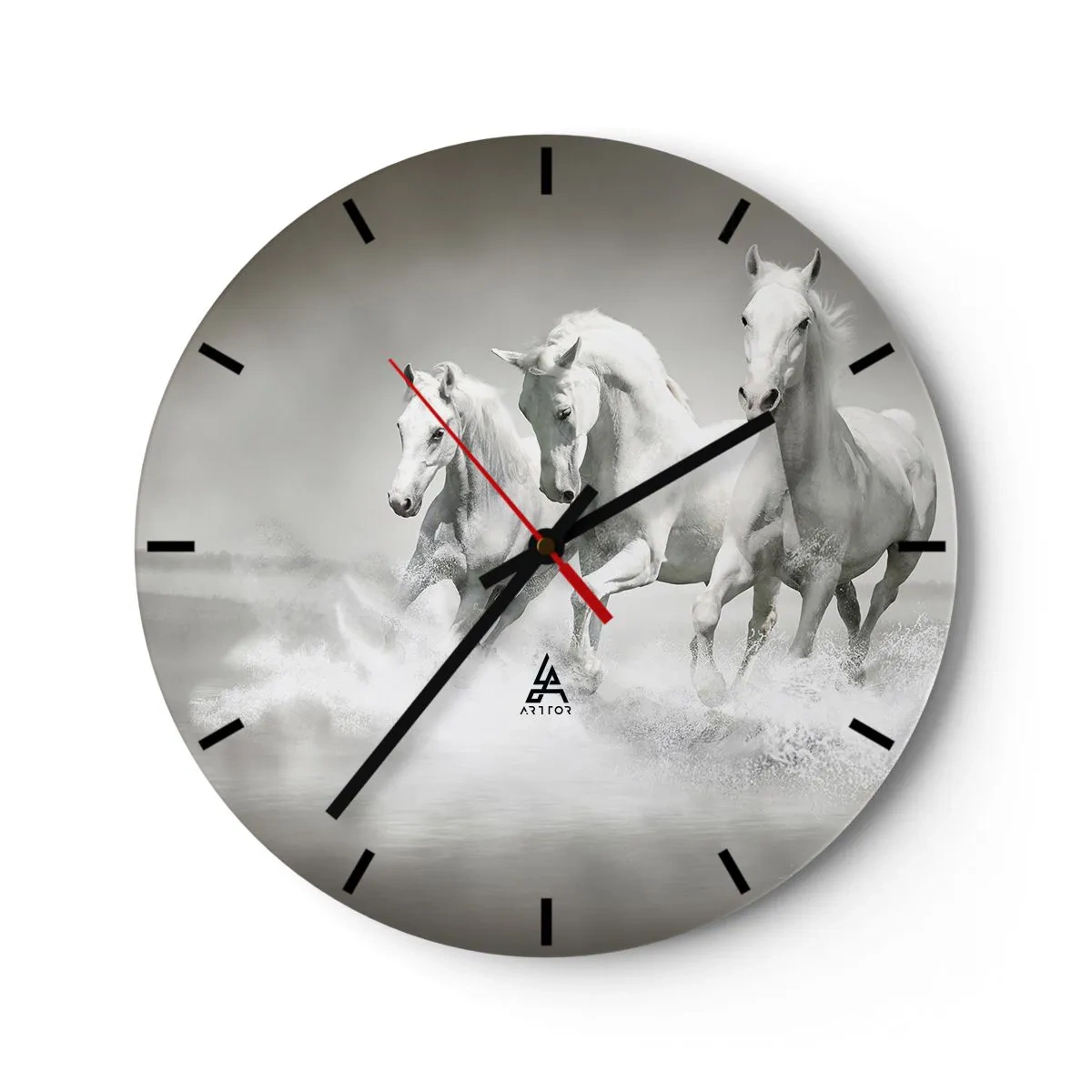 Wall clock - Clock on glass - Three white horses galloping through the water in a dynamic setting - 30x30cm - White Madness - Modern wall decoration for the living room, kitchen, and bedroom ARTTOR