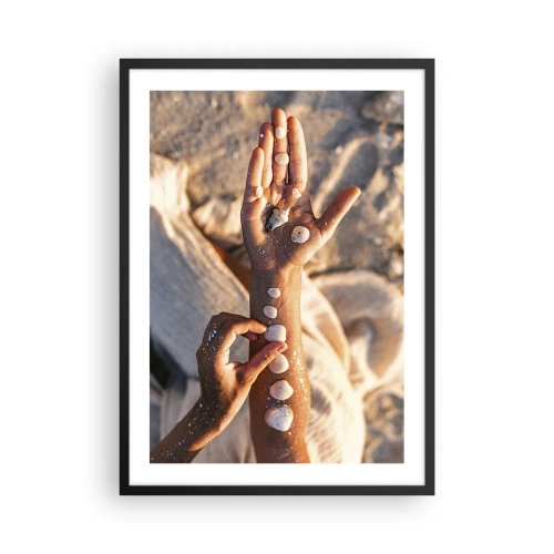 Poster in black frame - Hands decorated with shells on a sandy background - 50x70cm - Beauty at Hand - Modern wall decoration for the living room and bedroom ARTTOR
