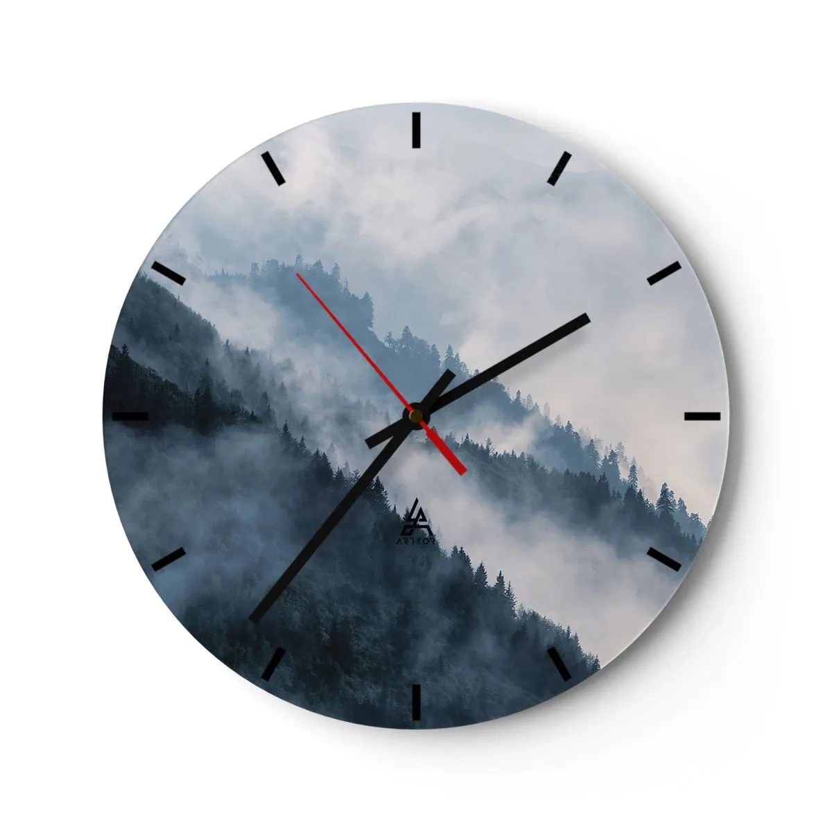 Wall clock - Clock on glass - Misty forest on the mountain slopes - 30x30cm - Mysticism of the Mountains - Modern wall decoration for the living room, kitchen, and bedroom ARTTOR