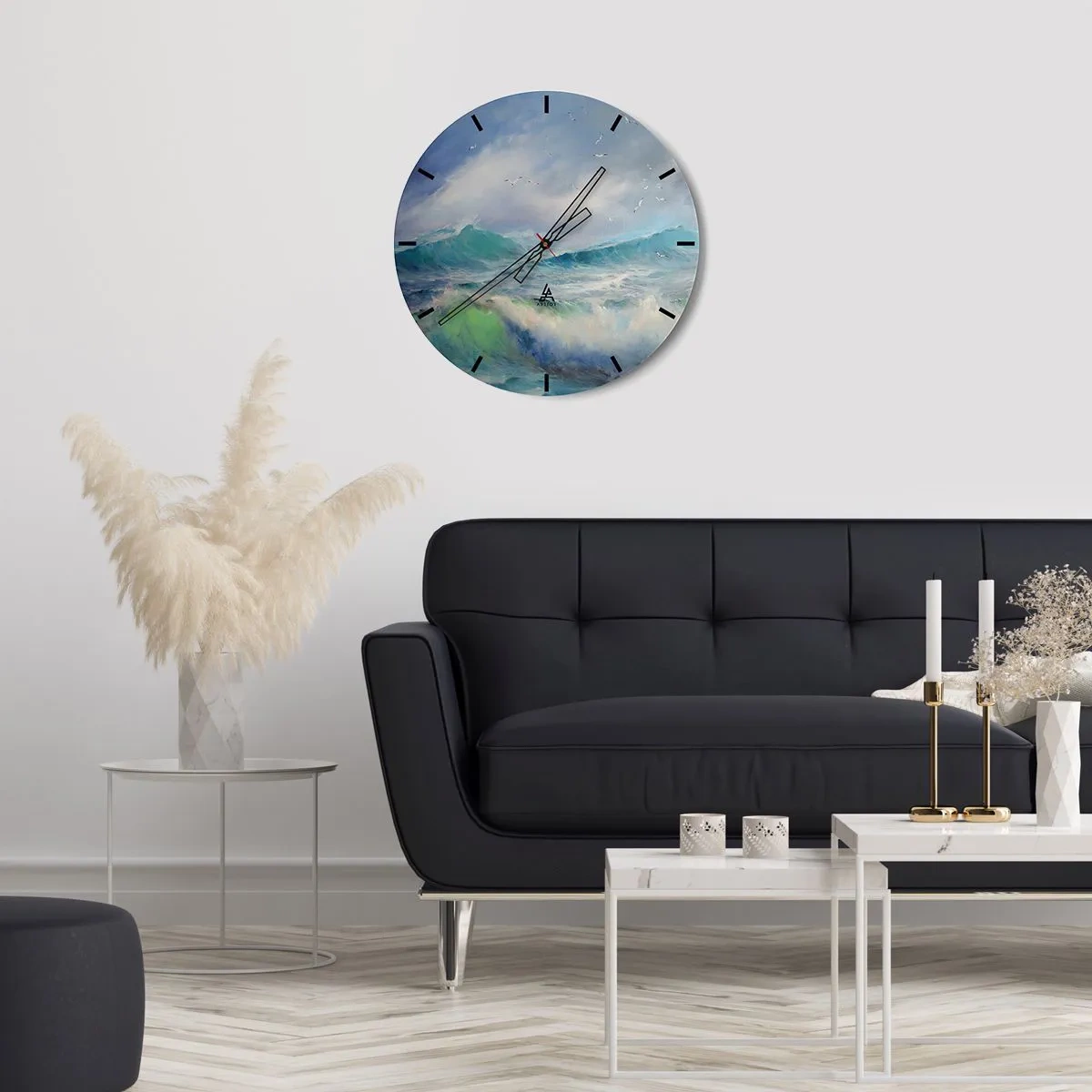 Wall clock - Clock on glass - An image of sea waves with seagulls in a blue sky - 30x30cm - Gone with the Wind - Modern wall decoration for the living room, kitchen, and bedroom ARTTOR