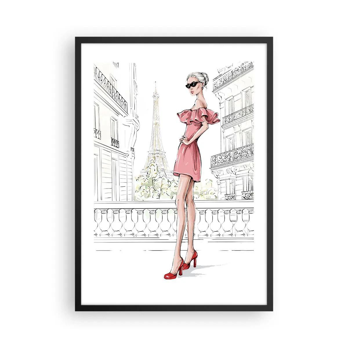 Poster in black frame - An elegant woman in a pink dress with the Eiffel Tower in the background - 50x70cm - Art of Fashion - Modern wall decoration for the living room and bedroom ARTTOR