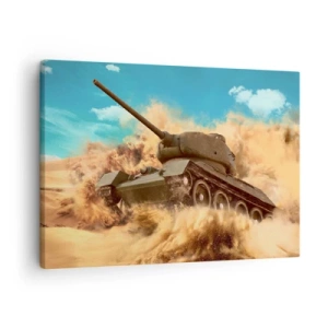 Canvas picture - A tank in action in the desert, surrounded by sand dust. - 70x50cm - Invinicible - Modern wall decoration for the living room and bedroom ARTTOR