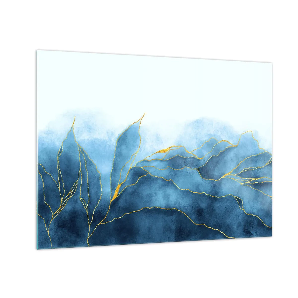 Glass picture - Abstract blue shapes with delicate gold lines. - 70x50cm - Blue In Gold - Modern wall decoration for the living room and bedroom ARTTOR