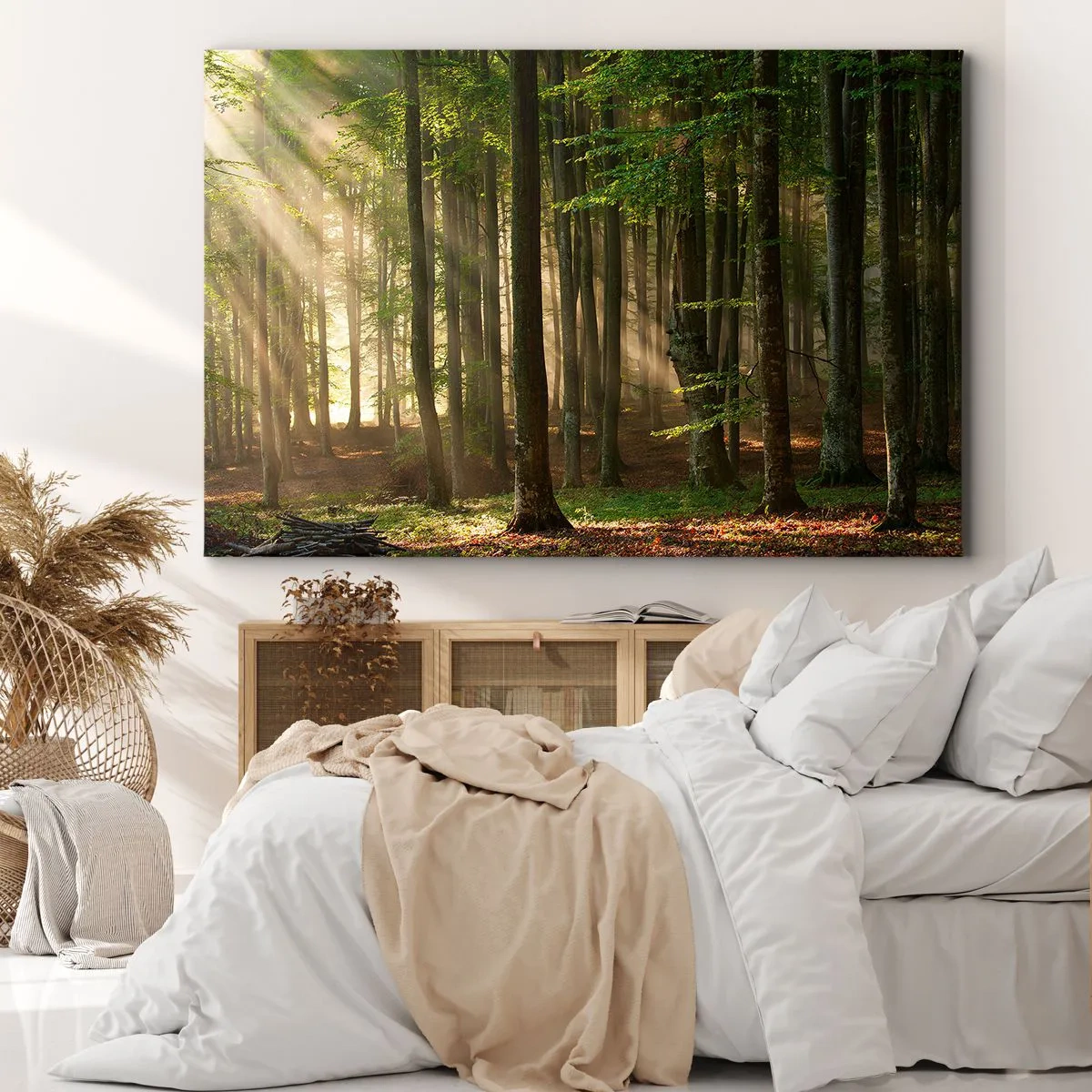 Canvas picture - Sun rays penetrating through the trees in the forest - 70x50cm - Beaming in Spring Morning - Modern wall decoration for the living room and bedroom ARTTOR