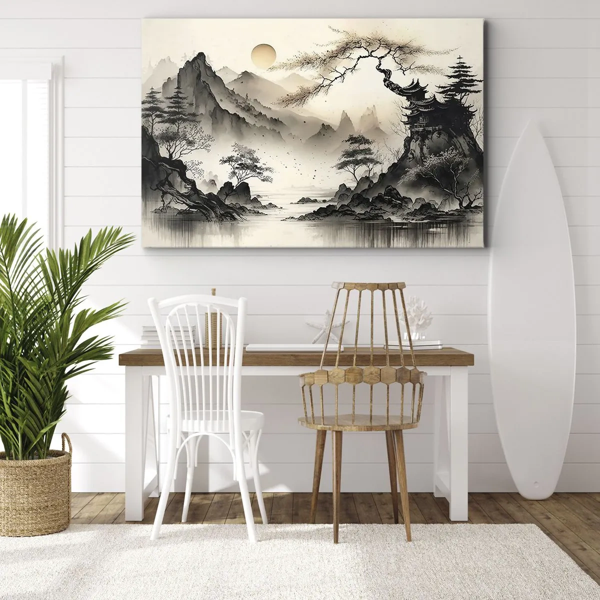 Canvas picture - An oriental landscape with mountains and a pagoda in delicate shades. - 70x50cm - Unique Charm of the Orient - Modern wall decoration for the living room and bedroom ARTTOR