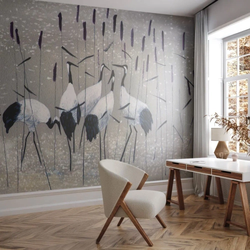 Photo Wallpaper Standard Eco - Cranes among the reeds against the background of a subdued landscape - 100x70cm - Birds of Feather - Modern wall decoration for the living room and bedroom ARTTOR